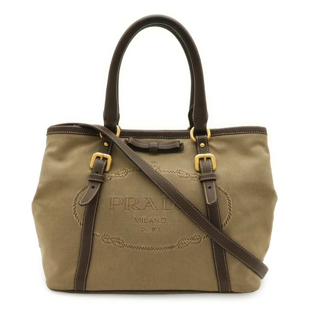 PRADA Jacquard Ribbon Handbag Tote Bag Shoulder Canvas Khaki Beige Mocha Brow...